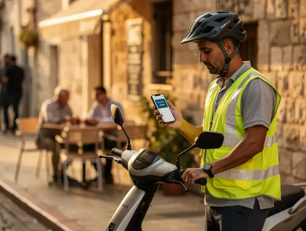 שליח על קורקינט חשמלי בודק משמרות וזכויות עבודה