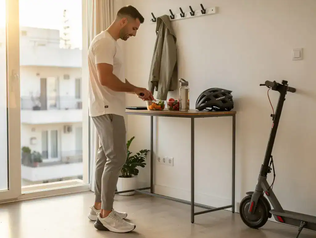 אדם מתארגן בבוקר עם נשנוש בריא ליד קורקינט עירוני