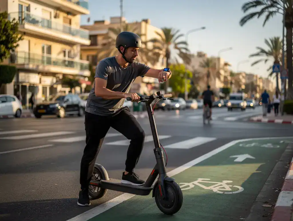 רוכב קורקינט עירוני בודק נתוני כושר בשעון חכם